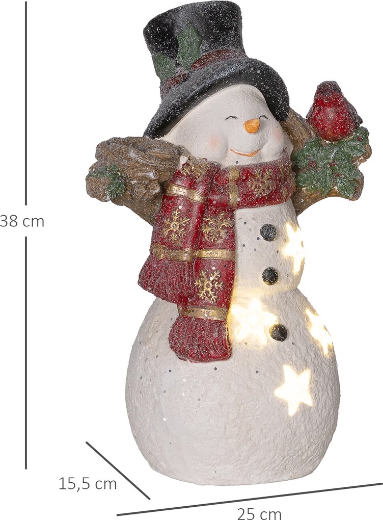 HOMCOM Dekoracja Świąteczna, Bałwan z Ptakiem, 4 ciepłobiałe diody LED, na baterie, 25 x 15,5 x 38 cm | Aosom PL