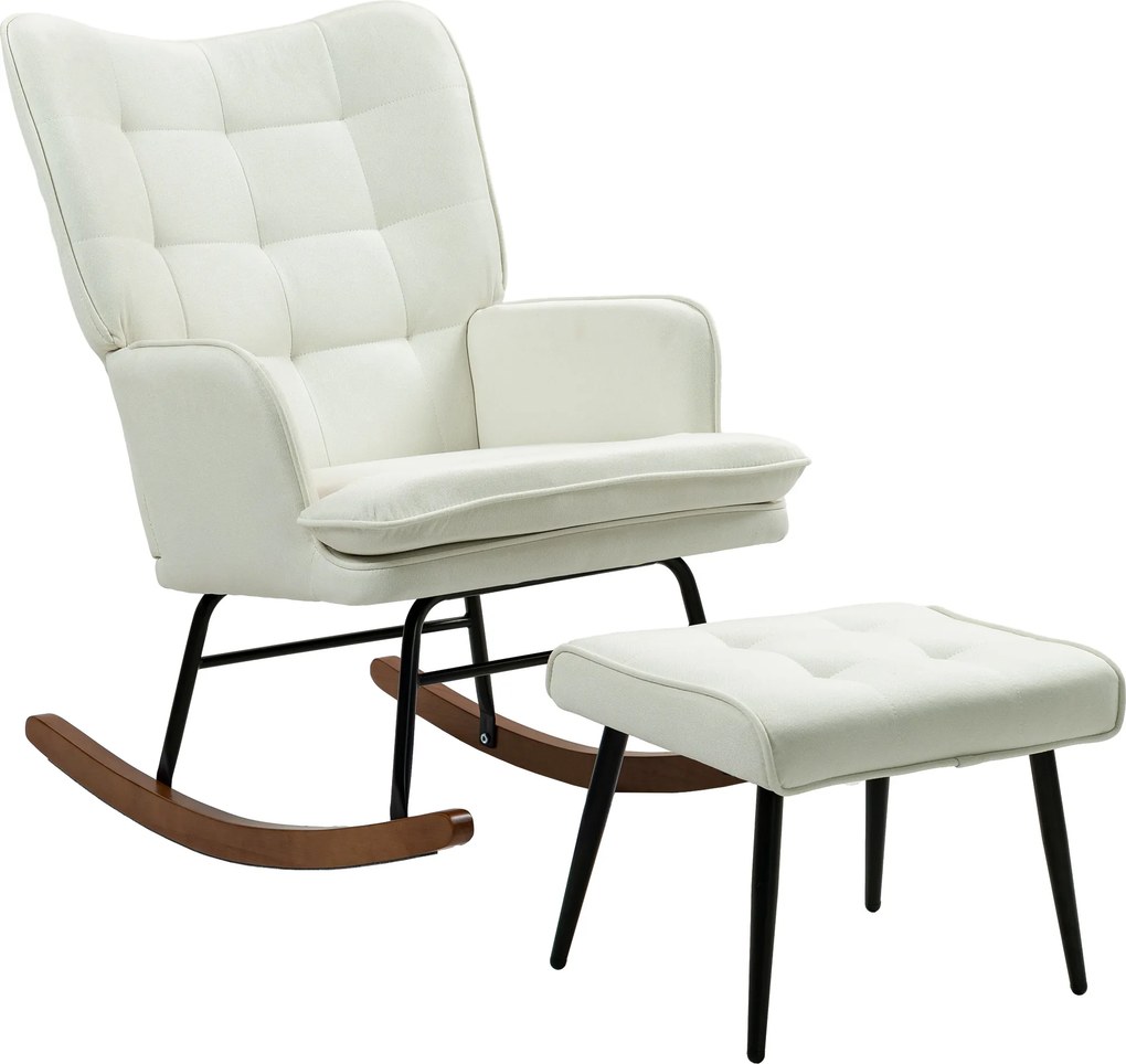 HOMCOM Fotel bujany z podnóżkiem, delikatny system bujania, imitacja lnu, 64 x 89 x 90 cm, kolor kremowy