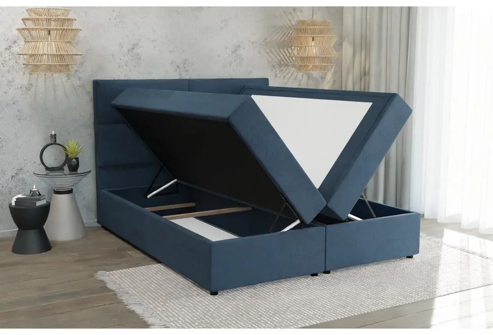 Ciemnoniebieskie łóżko boxspring ze schowkiem 140x200 cm Rico – Ropez