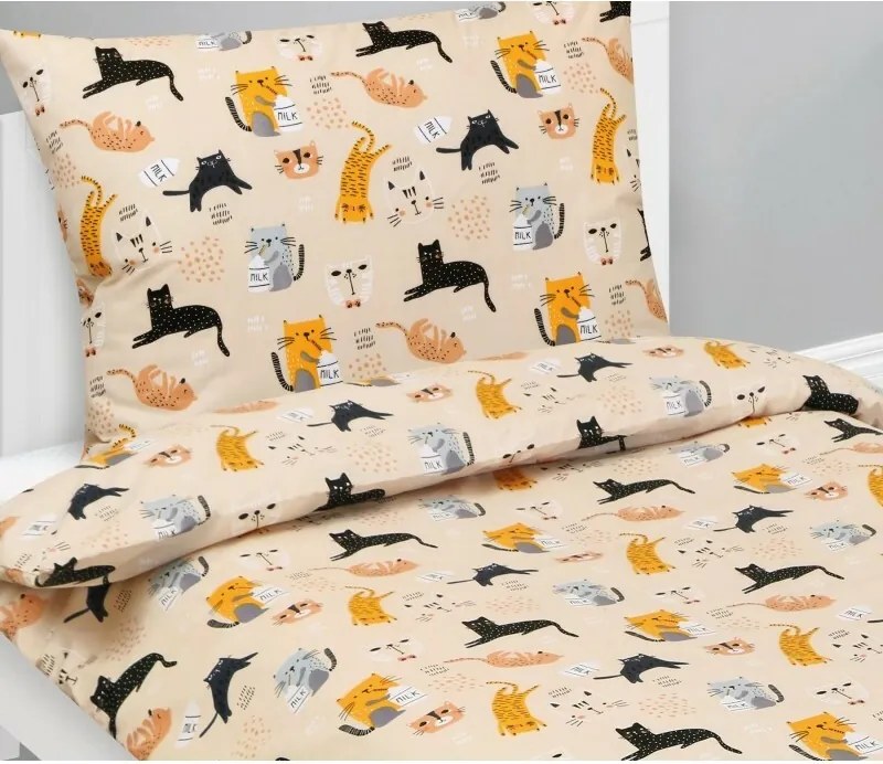 Bellatex Dziecięca pościel bawełniana Junior Kot beżowy, 140 x 200, 70 x 90 cm
