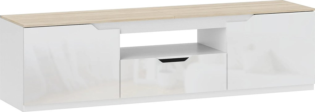 HOMCOM Lowboard TV, wysoki połysk, dla telewizorów do 165 cm, 3 schowki, szuflada, 160 x 38 x 43 cm, naturalne drewno | Aosom PL