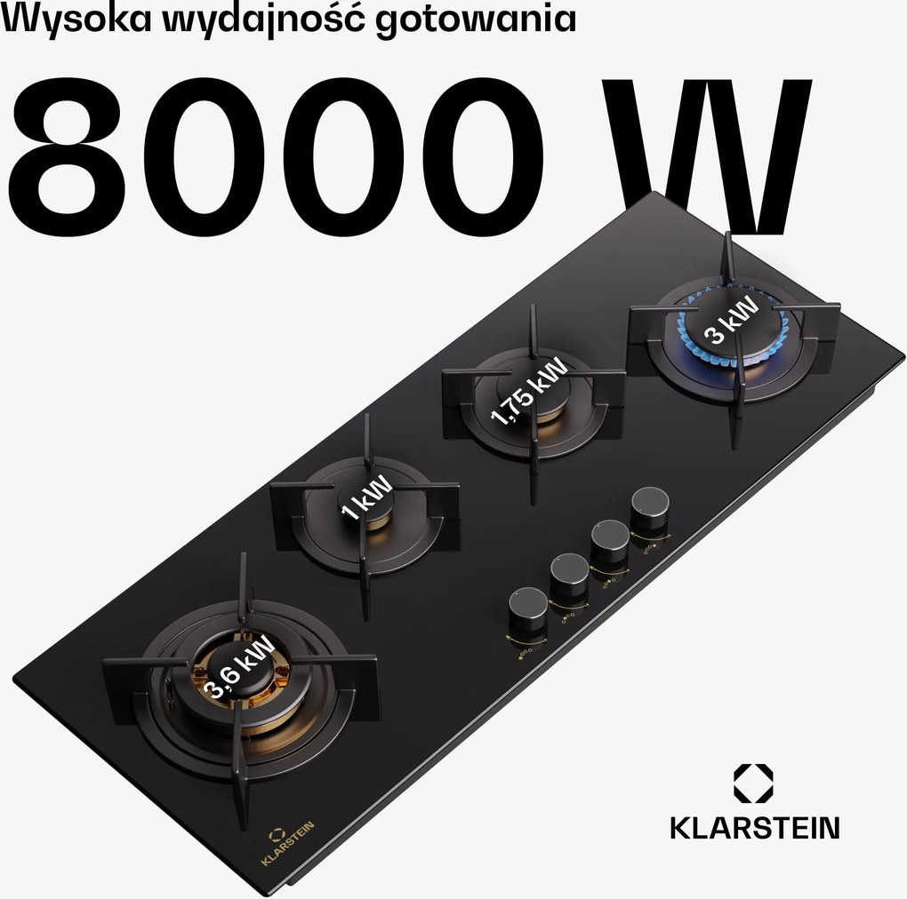 Klarstein Goldflame 90cm Płyta gazowa 4 palniki Czarny
