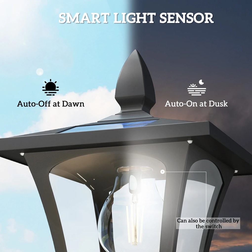 Outsunny Solarna lampa ogrodowa, odporna na warunki atmosferyczne, wysokość 160 cm, LED, 10 godz. oświetlenia, IP44, zewnętrzna, Czarna | Aosom PL