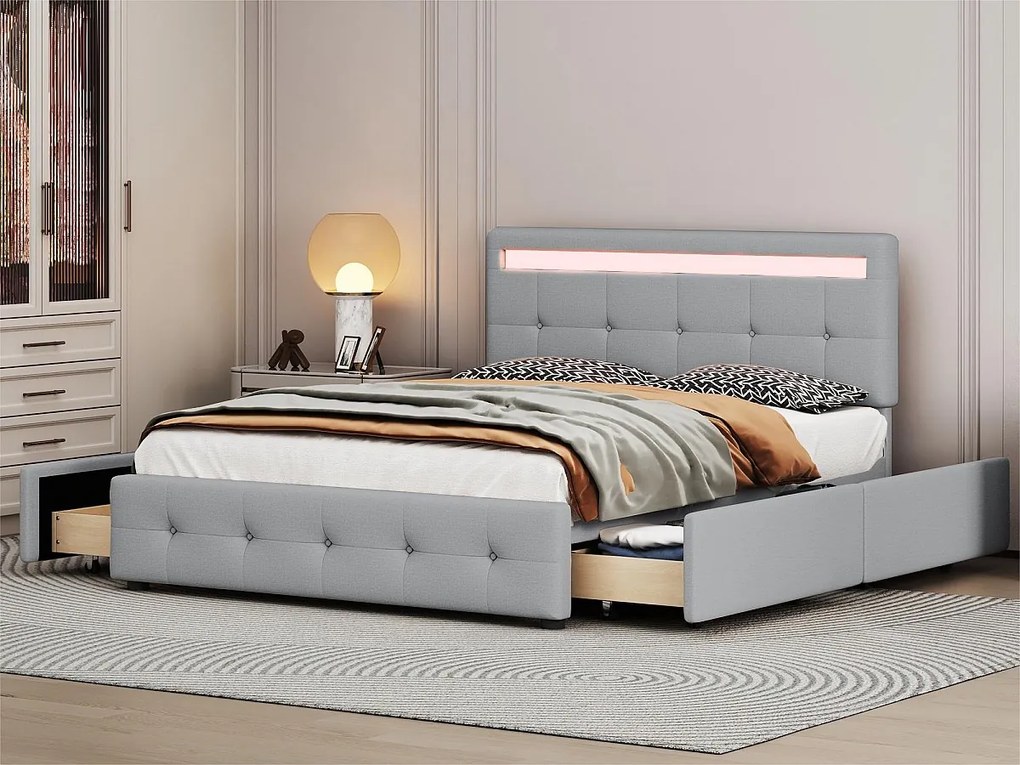 Łóżko tapicerowane 140x200cm z lnu - z LED i 4 szufladami - z stelażem na listwy - Szare