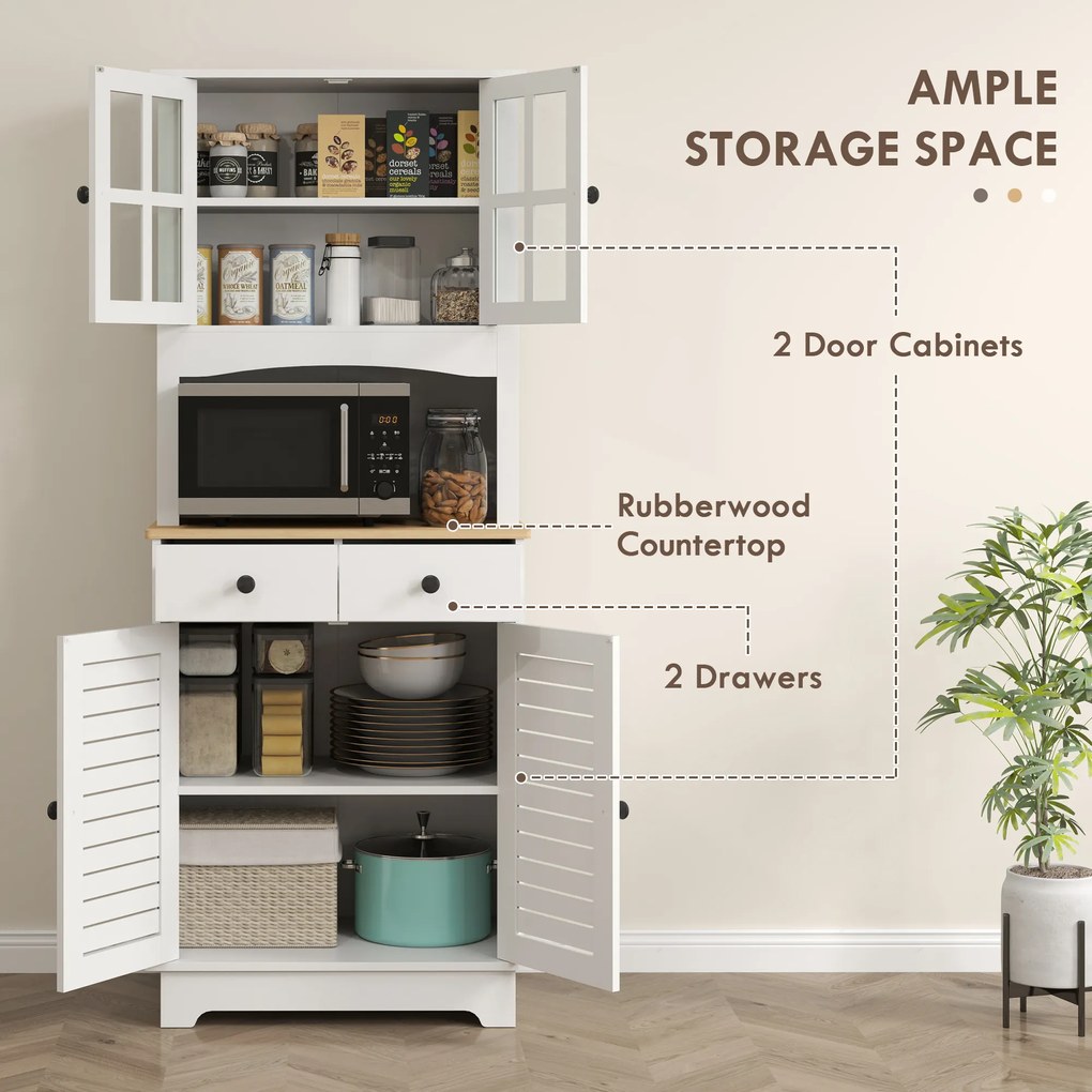 HOMCOM Kuchenna szafka z drzwiami szklanymi, 2 szuflady, szafka na naczynia, szafka do jadalni, drewno, 68 x 39,5 x 170 cm, biały