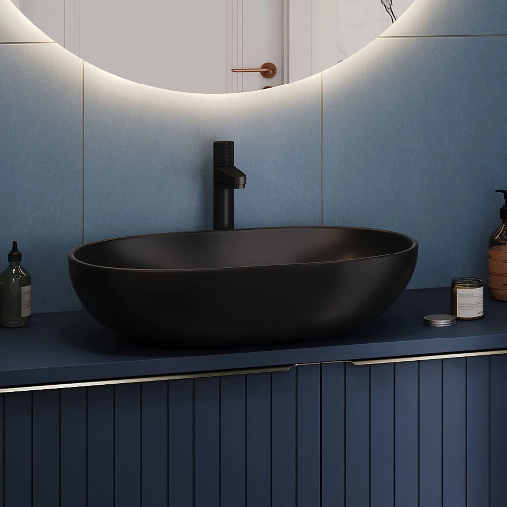 Umywalka ceramiczna nablatowa owalna czarna matowa 60 x 43 cm DOTI Black z cienkim rantem typu Slim