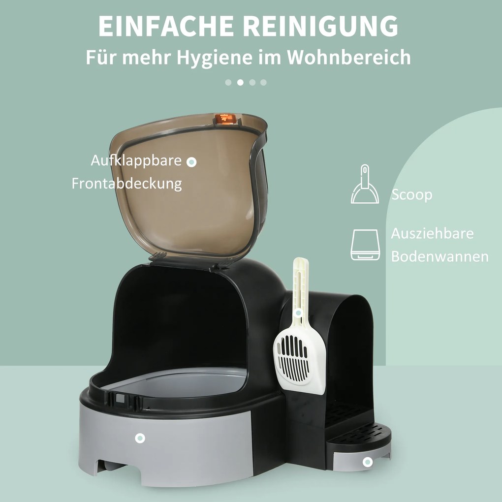 PawHut Kuweta Domek dla Kota z Łopatką 2 Wysuwane Tace Pokrywa Szary 52x60x42cm | Aosom PL