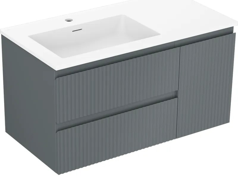 Mexen Rivel szafka łazienkowa 90 cm z umywalką Otis lewą, 2S, 1D, ryflowana, grafit mat/biała mat - 91A23-09047-3-BBFFF66-W18L01