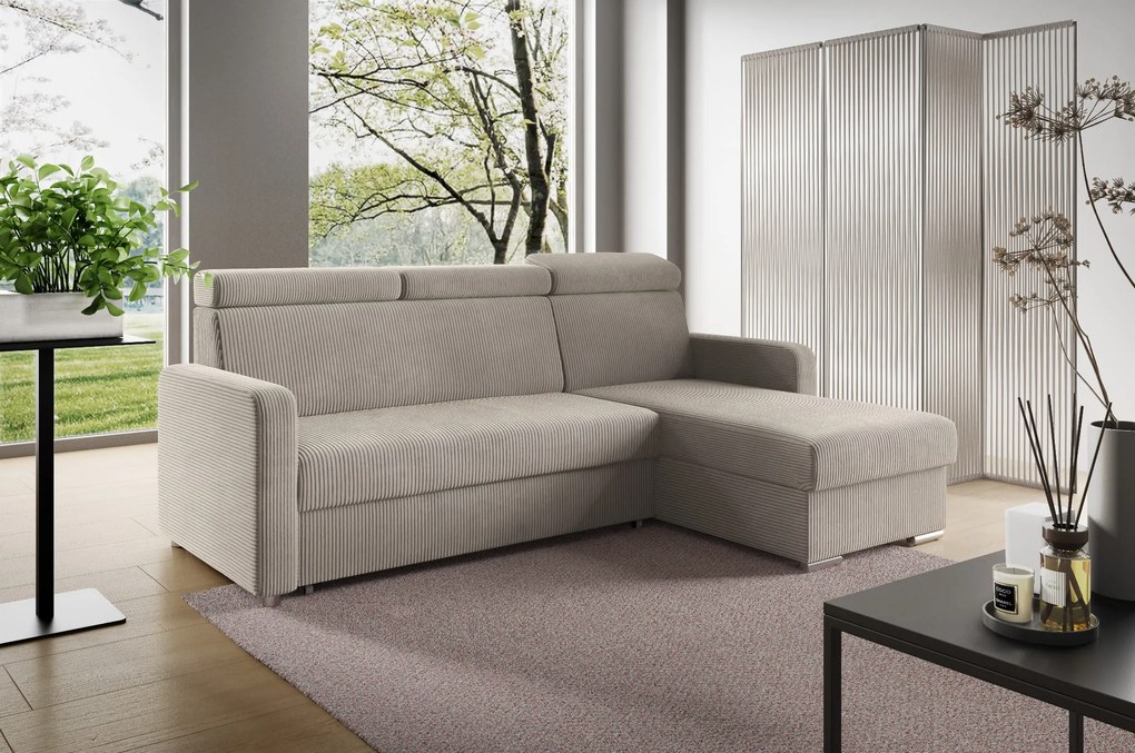 Narożnik z funkcją spania i regulowanymi zagłówkami z pojemnikiem na pościel Mako L sztruks