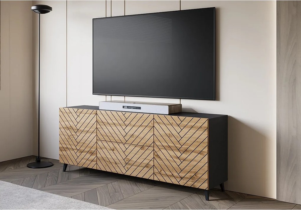 Nowoczesna szafka RTV 180 cm czarny grafit / wotan, czarna jodełka, na nóżkach, 2 szuflady i 2 szafki boczne