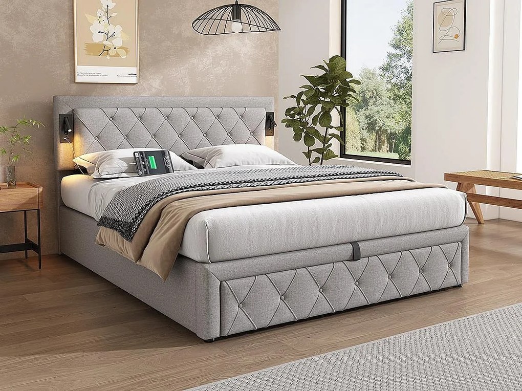 Łóżko z pojemnikiem 160x200cm z tkaniny lnianej - z lampką do czytania i gniazdkiem USB - z stelażem na listwach - Szary