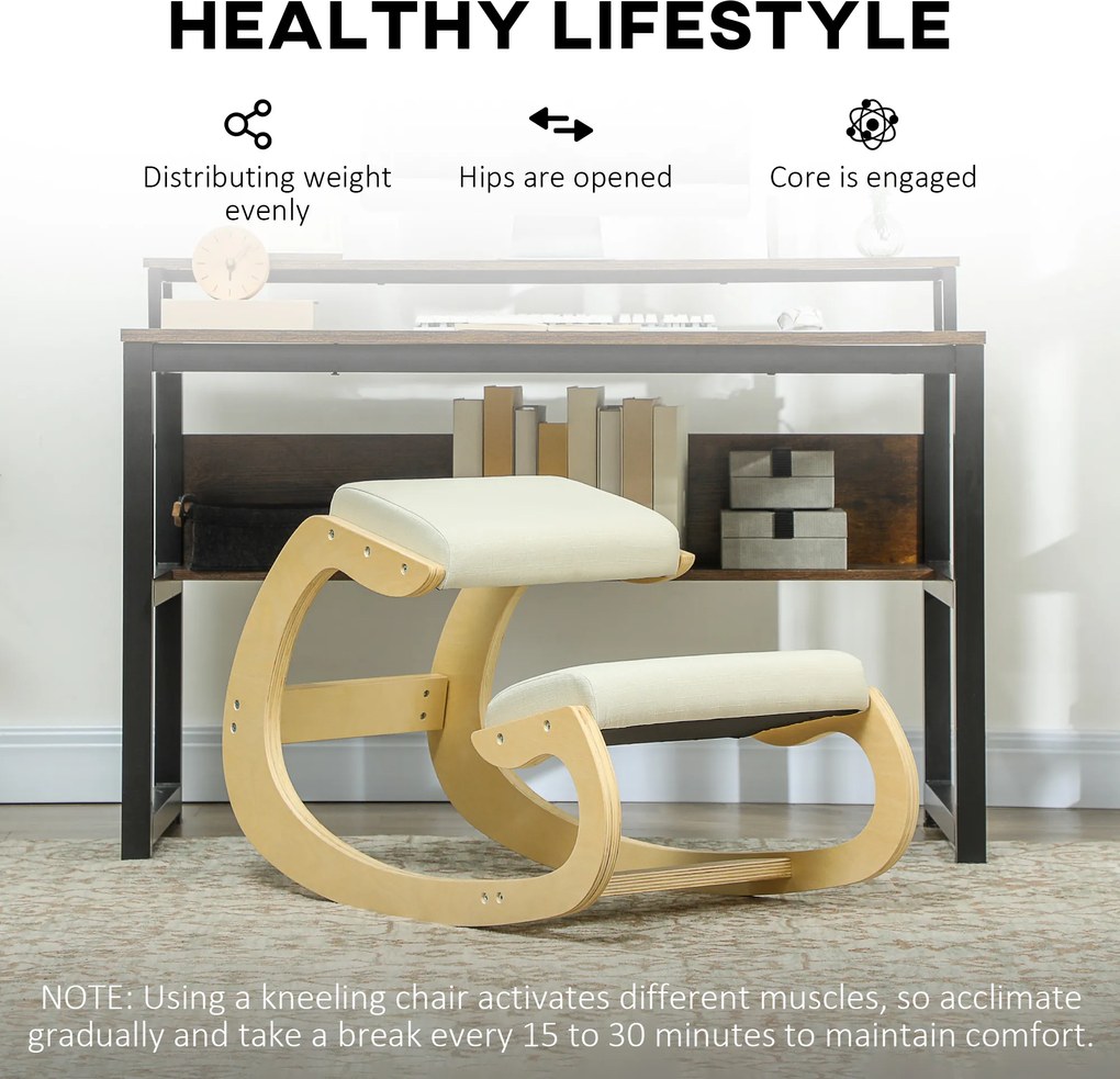 HOMCOM Fotel na kolanach z funkcją kołysania, z tkaniny lnianej i drewna brzozowego, 55x85x55 cm, Kremowy