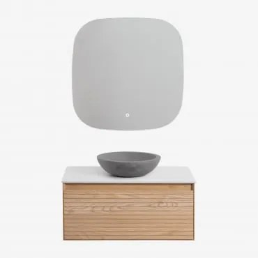 Zestaw Wiszących Mebli Łazienkowych Z Drewna Jesionowego Tedrik Popielaty Brąz & Okrągły Szary Cement Ø40 Cm - Sklum