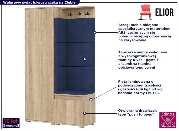Garderoba z welurowym panelem ściennym dąb sonoma + granat R0-A32