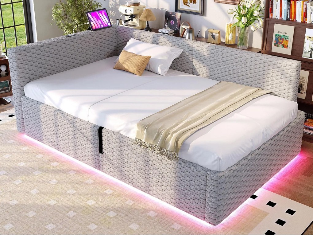 Sofa z funkcją spania 90 x 200 cm - z oświetleniem LED - z interfejsem Type-C + 2 portami USB - Szary​ (materac nie jest wliczony w cenę)