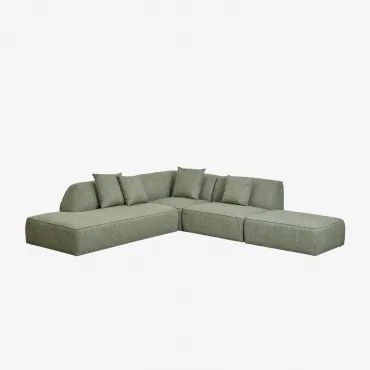 Sofa Narożna Modułowa Cardea 3-częściowa Z Leżanką Po Lewej Stronie I Tapicerowanym Pufem Bouclé Salvia Zieleń - Sklum