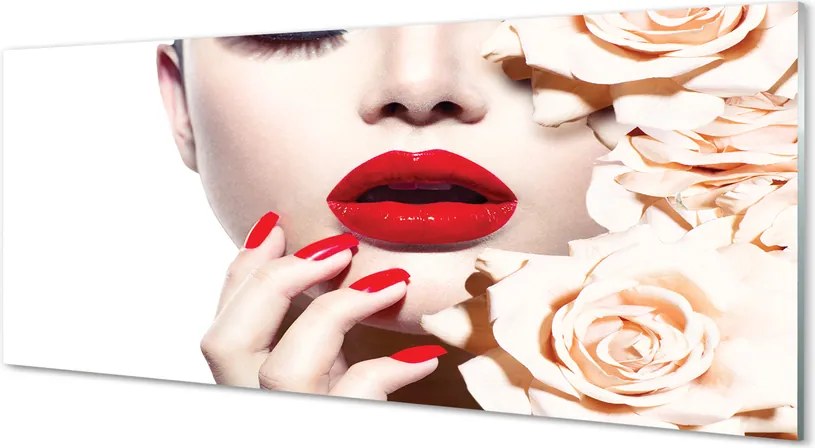 Szklany Panel Róże i Czerwone Usta Kobiety