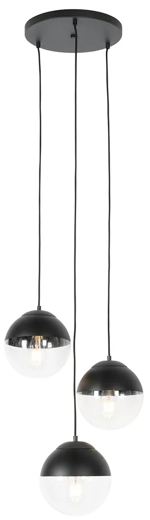 Retro lampa wisząca czarna z przezroczystym szkłem okrągła 3-światłowa - Eclipse Retro Oswietlenie wewnetrzne