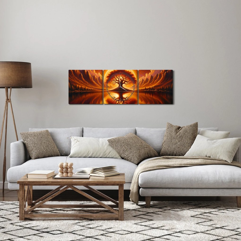 Obraz – Drzewo w krwawym słońcu (z zegarem) (90x30 cm)
