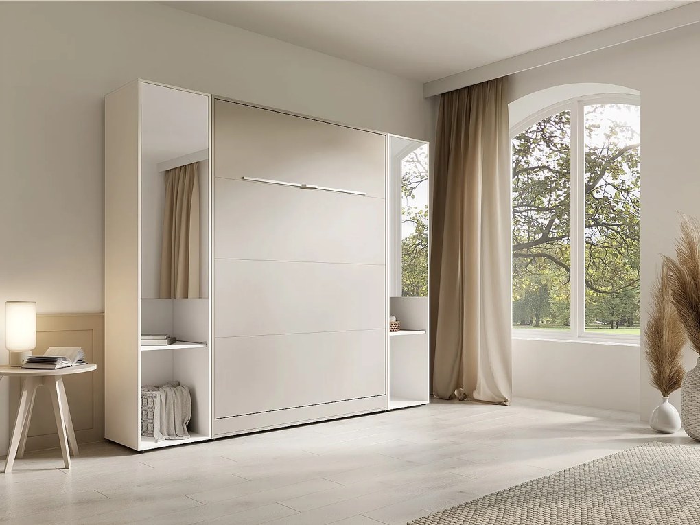 Łóżko chowane w szafie pionowe 160 x 200 cm - 2 kolumny do przechowywania - Z lustrami i LEDami - Beżowe - RAPILI