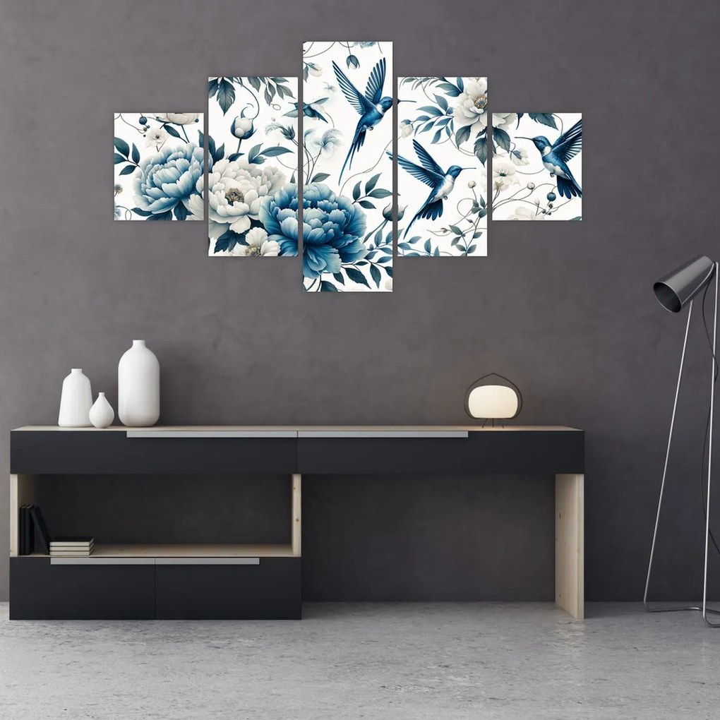Obraz - Kolibry z kwiatami (125x70 cm)