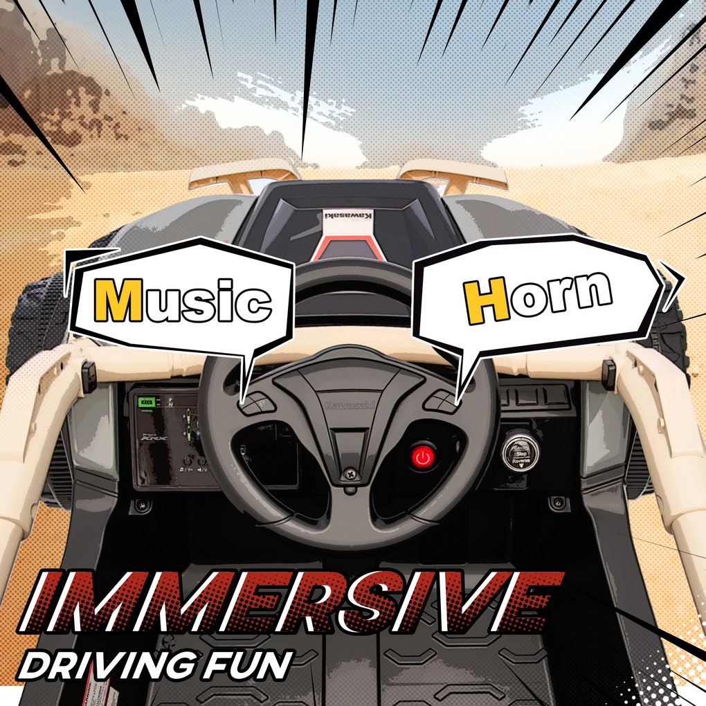 AIYAPLAY Elektryczny pojazd dla dzieci 3-8 lat 12V z licencją KAWASAKI, podwójny napęd, pilot zdalnego sterowania i muzyka, żółty