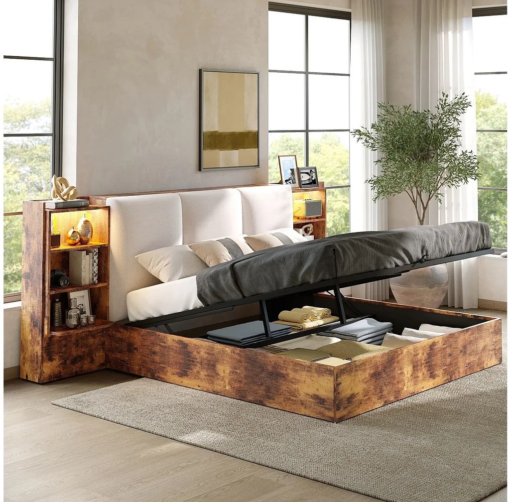 Łóżko z pojemnikiem 180x200 cm brązowe MDF, hydrauliczny system magazynowania, 6 komór, oświetlenie LED, bez materaca