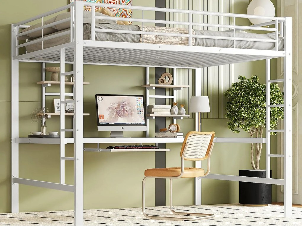 Łóżko mezzanine 140x200cm - z biurkiem i półkami - metalowa rama - Biała