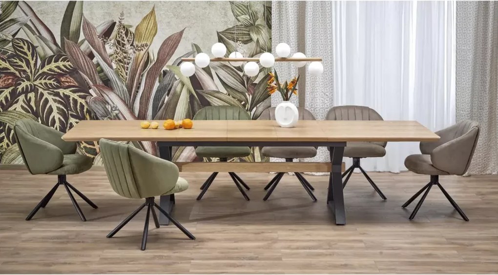 Stół prostokątny Nova rozkładany 180-300/100/75 cm, blat okleina naturalna, metalowe czarne nogi