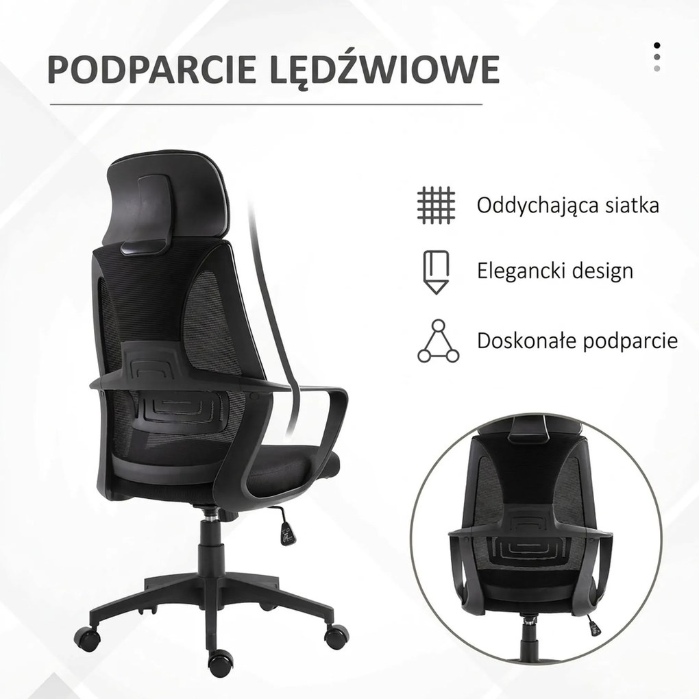 Vinsetto Krzesło Biurowe, Krzesło Biurkowe z Funkcją Bujania, Regulowane z Podparciem Głowy, Wsparciem Lędźwiowym - Czarny