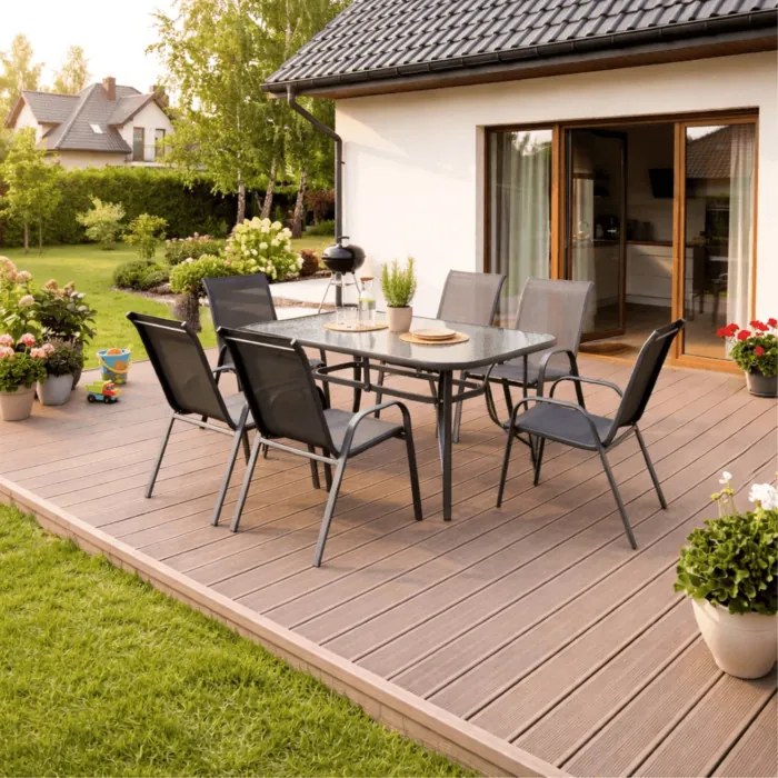 Zestaw Mebli Ogrodowych LIBERTY Szary 6 Krzeseł Stół Tarasowy Nowoczesny