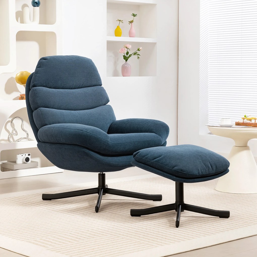 HOMCOM Fotel relaksacyjny z podnóżkiem, lounge z tkaniny chenille, nowoczesny fotel do oglądania TV, 78 x 93 x 100 cm, niebieski