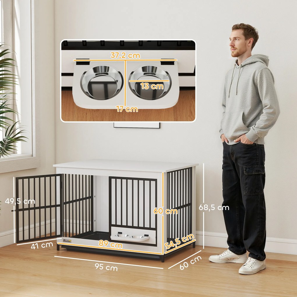 PawHut Duża klatka dla psa, łatwy dostęp, zamykana, obrotowy uchwyt na miski, dla małych i dużych psów, Biała
