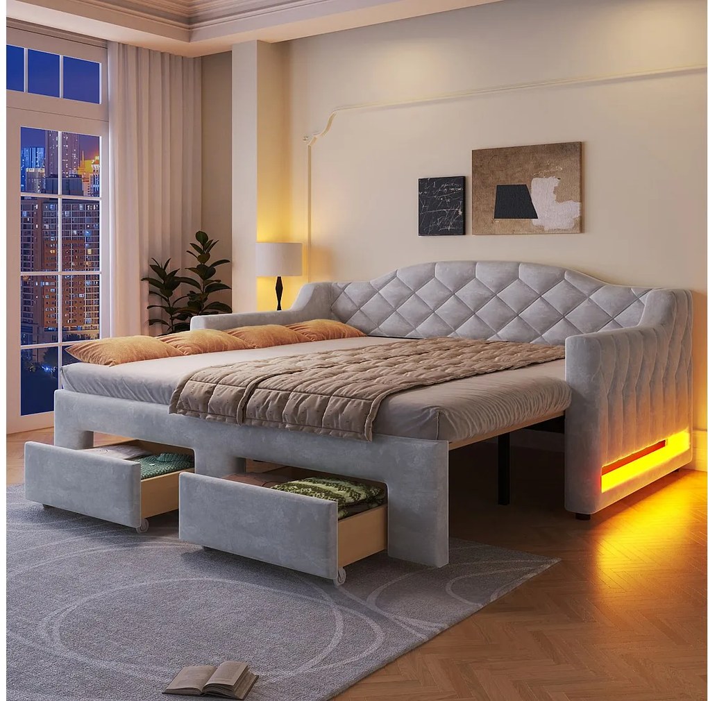 Tapicerowane łóżko dzienne z wysuwanym łóżkiem - 90/180 x 200 cm - z oświetleniem LED + 2 szuflady - płyta MDF - szare