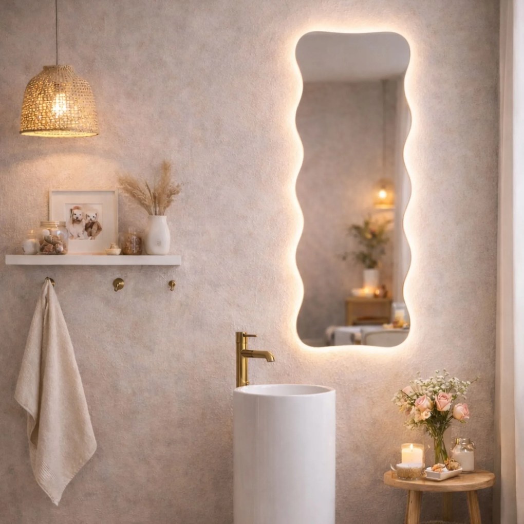 Lustro dekoracyjne oszlifowane z podświetleniem WAVE Slim LED | Różne rozmiary | Różne kolory : Kolor tafli szkła - Srebrny, Rozmiar - 60x145