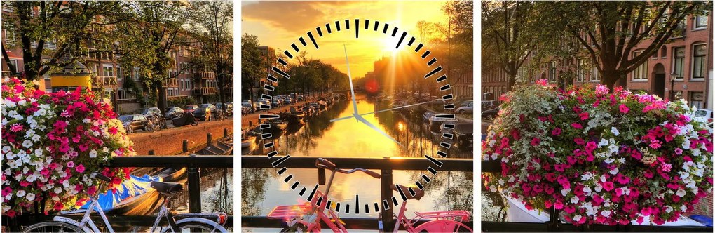 Obraz - Wschód słońca w Amsterdamie (z zegarem) (90x30 cm)