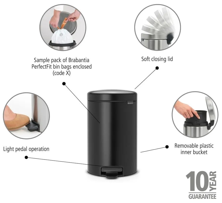 Stalowy kosz na śmieci z pedałem w kolorze matowej czerni 12 l NewIcon – Brabantia