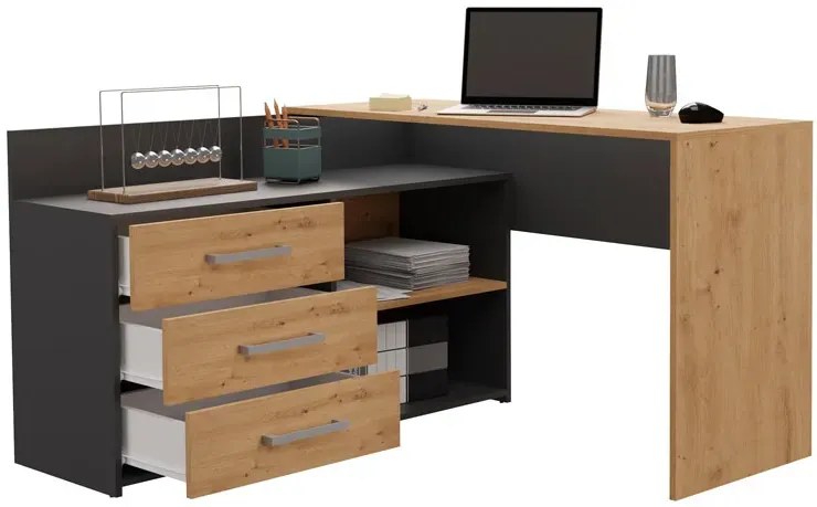 Biurko Narożne Z Regałem I Szufladami Artisan + Antracyt K6-H66