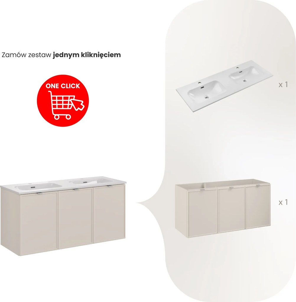 Trzydrzwiowa szafka łazienkowa Bella 120 cm z dwukomorową umywalką, kaszmir