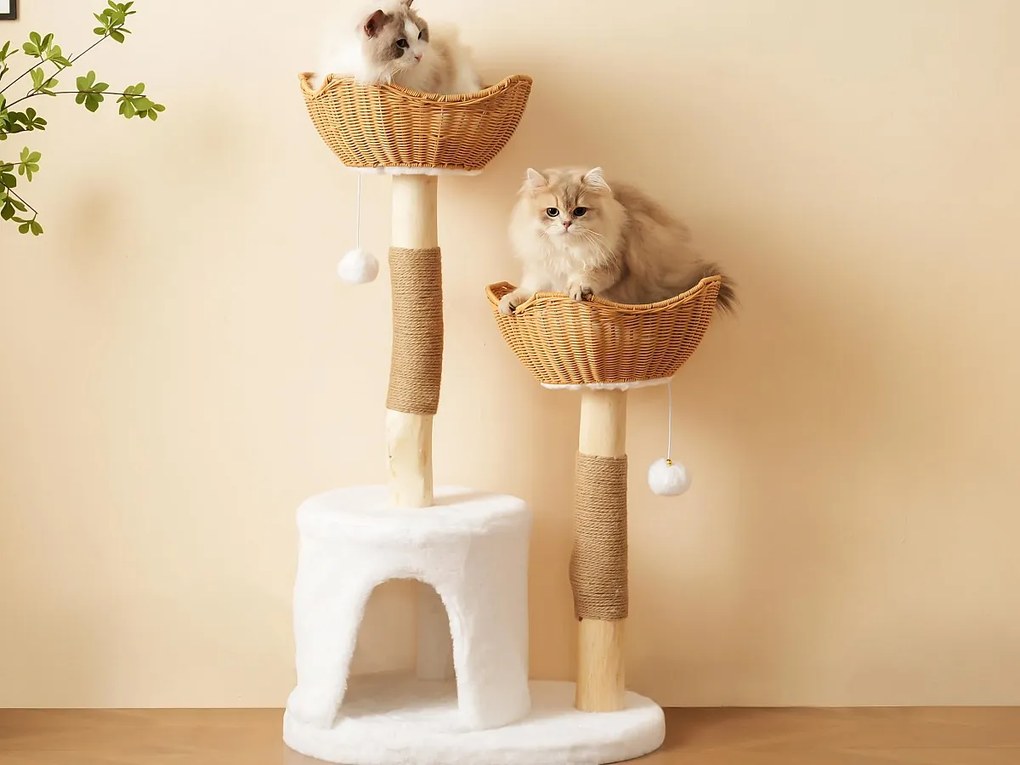 Drzewko dla kota 60x42x108cm - z 1 kryjówką i 2 koszami - z pluszową piłką i grubą poduszką - naturalny + biały
