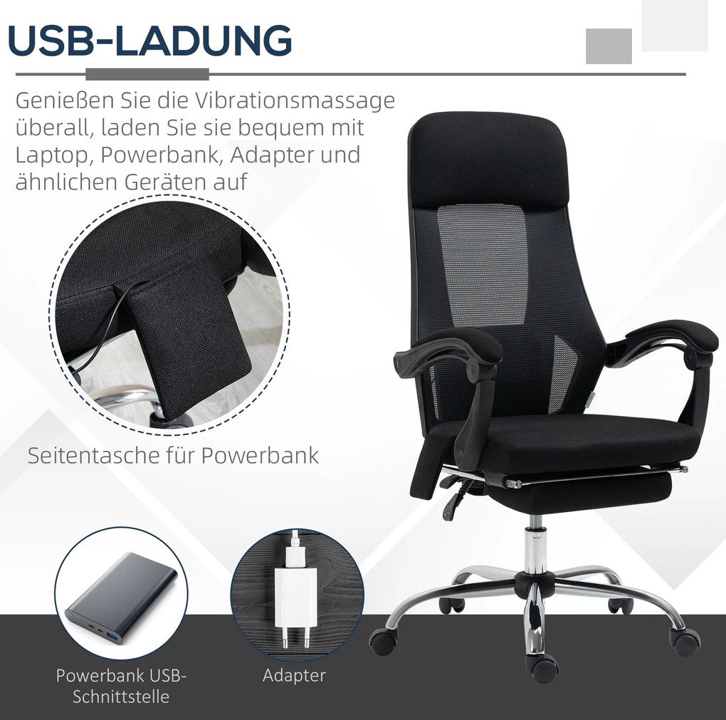 Vinsetto Fotel z masażerem i Ogrzewania Biurowy Krzesło obrotowe z regulacją wysokości Z podnóżkiem Czarny | Aosom PL
