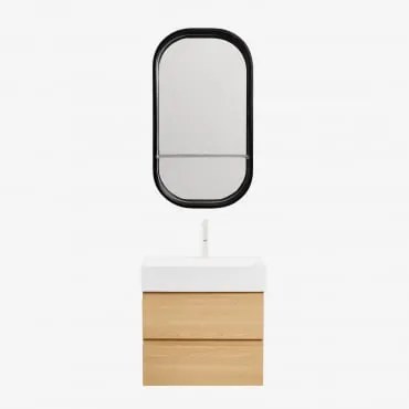 Zestaw Mebli Łazienkowych Z Drewna I Forniru Jesionowego Z Wbudowaną Umywalką Ona Naturalna & Owalny Z Półką Czarny - Sklum