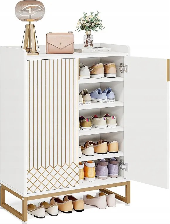 Szafka na buty, 25 par szafek na buty z drzwiami, duża szafka z półkami i złotą metalową ramą