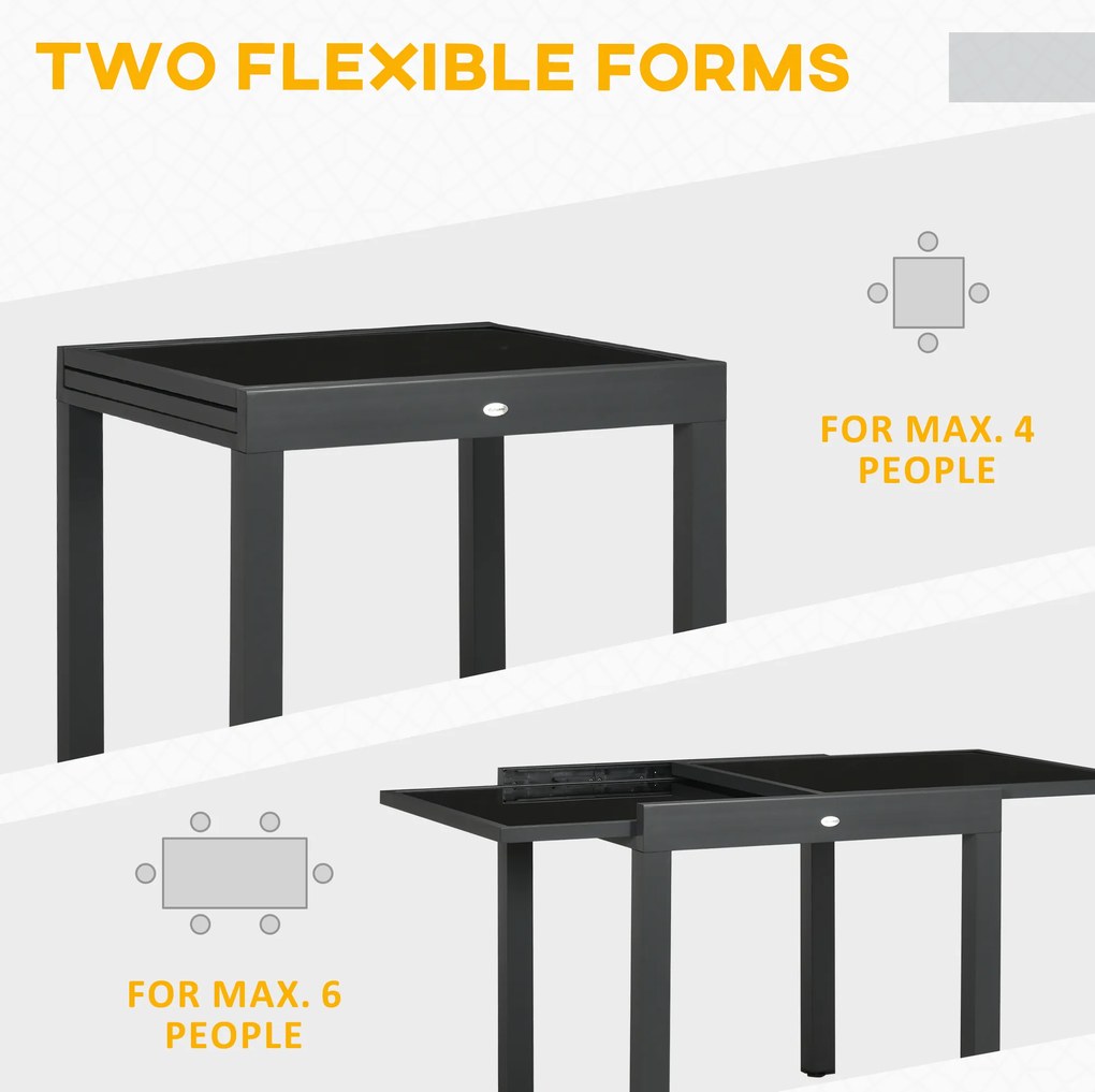 Outsunny Stół ogrodowy, stół do jadalni na taras z rozkładanym blatem, stolik balkonowy z blatem ze szkła, czarny, 160 x 80 x 75 cm