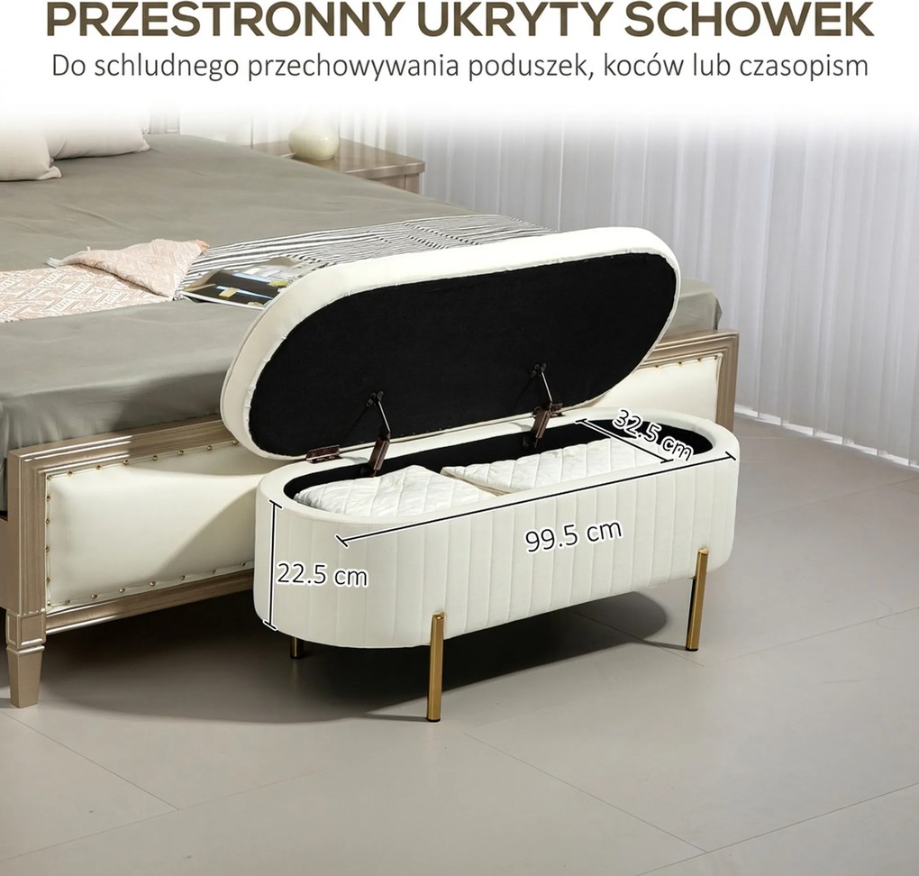 HOMCOM Ławka z klapą i schowkiem, materiał pokryty, metal, Kremowy + Złoty