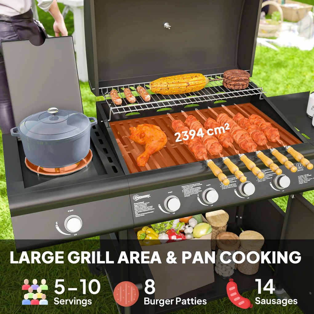 Outsunny Grill Gazowy 15,2 KW na Wózku z 5 Palnikami Nierdzewnymi Boczny Palnik 129,5 x 56 x 110 cm Czarny