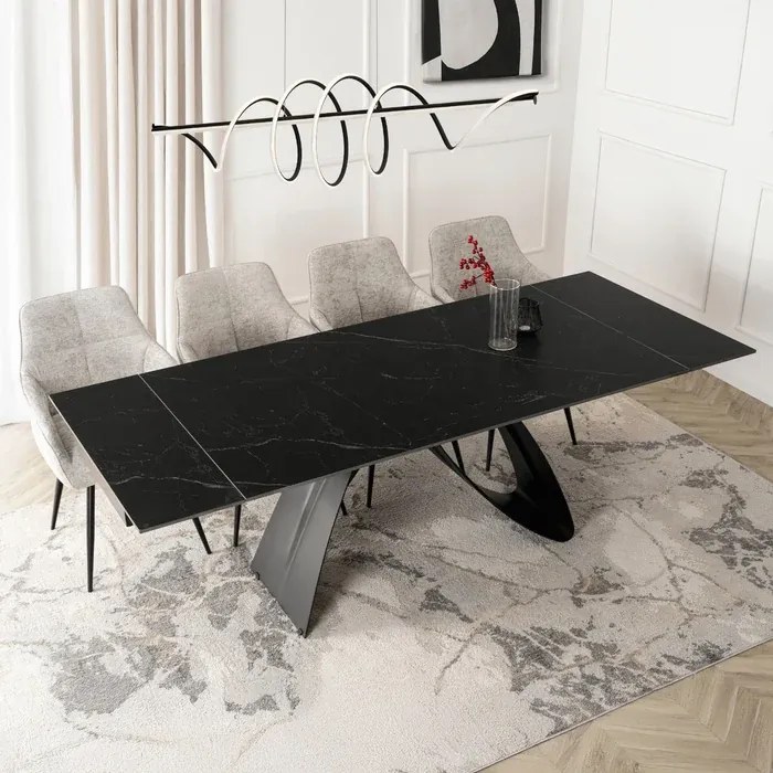 Stół Rozkładany Prostokątny DEVON 160-220 cm Ceramiczny Czarny Marmur/Czarny Glamour