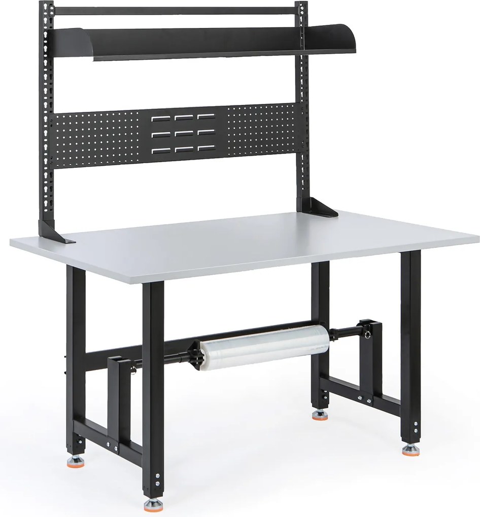 Stół pakowy PROFI z regulacją wysokości, 1400 × 800 × 790–940 mm z nadstawką i uchwytem na rolkę