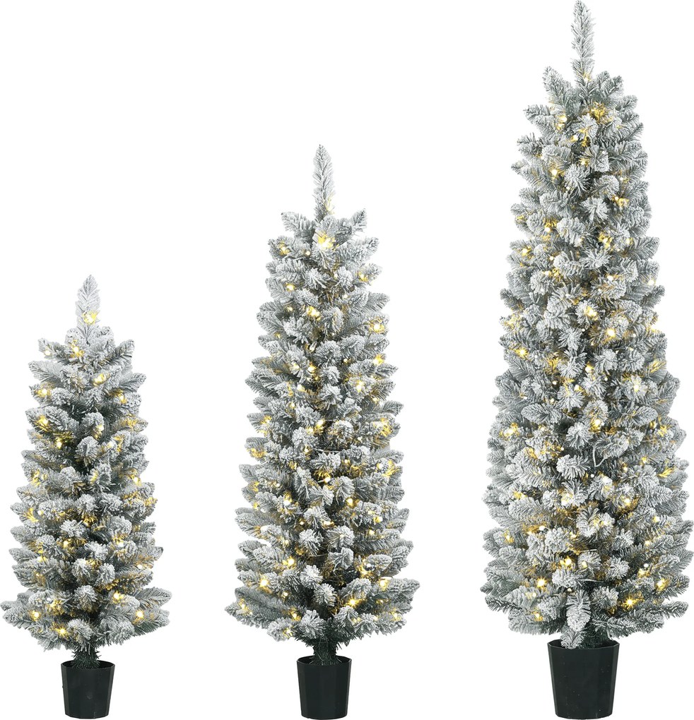 HOMCOM Zestaw 3 ośnieżonych choinek LED, wąskie, z gałązkami z PVC, 90/120/150 cm | Aosom PL