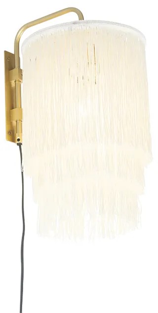 Orientalna lampa ścienna złota z kremowym abażurem z frędzlami - Franxa